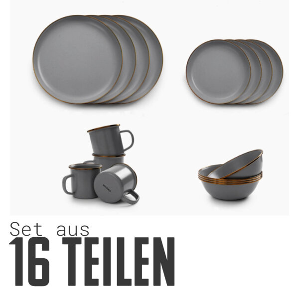 Camping tableware set - enamel tableware set 16 pieces | slate grey